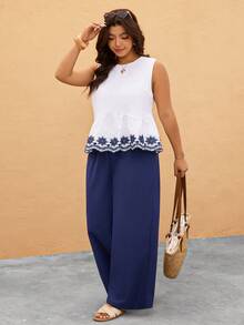 Elaquor Plus Size Floral Embroidery Vest And Pants 2 Pieces Set, Casual Holiday Outfit - Multicolor - View 3