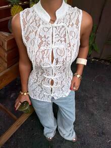 Muchica Blusa elegante de mujer con botones y parches de encaje blanco transparente - Blanco - Ver 3