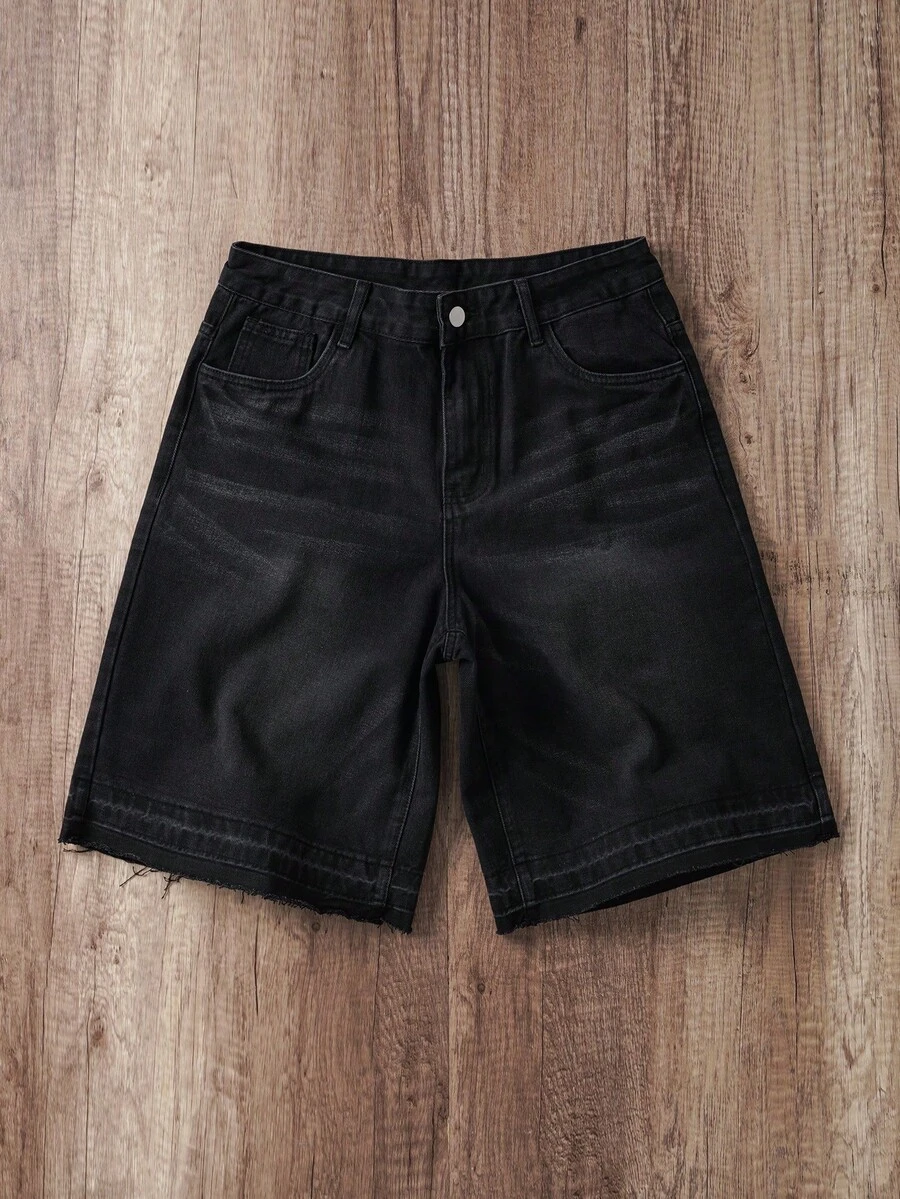 Manfinity Joysei Pantalones cortos de mezclilla desgastados de estilo casual urbano para hombres - Negro - Ver 1