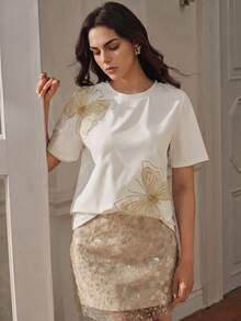 Anewsta Women's White Butterfly Embroidery T-Shirt, Casual Everyday & Date Outfit, Spring/Summer - White - View 1