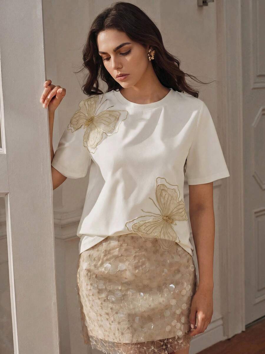 Anewsta Women's White Butterfly Embroidery T-Shirt, Casual Everyday & Date Outfit, Spring/Summer - White - View 1