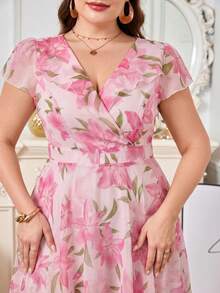 Reflora Gaun Wanita Ukuran Besar Elegan dengan Motif Bunga, Gaun untuk Tamu Pernikahan Musim Panas - Hot Pink - View 7