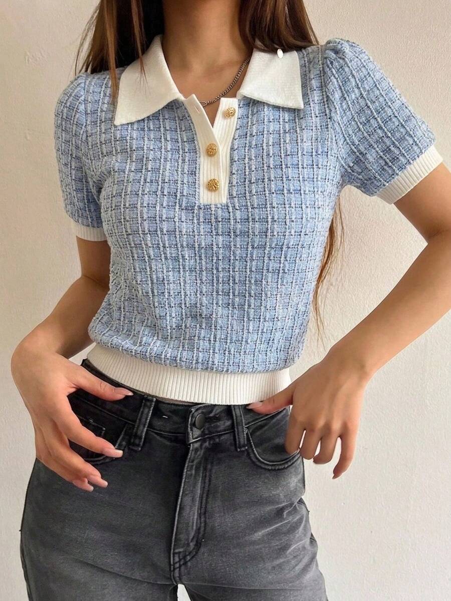 DAZY Contrast Collar Puff Sleeve Polo Tee - Blue - View 1