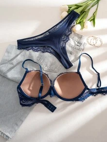 DesireSculpt 2pcs/Set Women Lace Patchwork Underwire Bra Set - Navy Blue - View 6