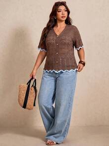 Elaquor Plus Size Women Crochet Hollow Out Button Cardigan - Coffee Brown - View 6