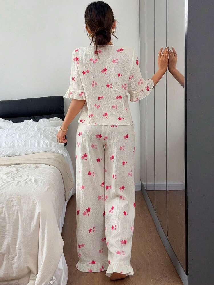 Women's Comfortable Star Print Textured Front Tie Top And Pants Pajama Set, Summer