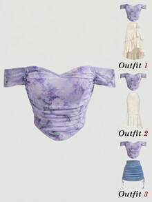 SHEIN MOD Atasan Wanita Ukuran Plus Modis Elegan dengan Hem Melengkung dan Bahu Terbuka - Purple - View 3