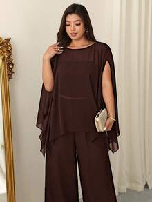 Firerie Plus Size Women's Solid Color Round Neck Asymmetric Hem Chiffon Blouse Fall - Coffee Brown - View 1
