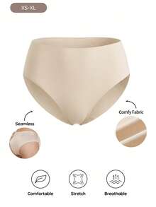 Bralution 1pc Solid Color Skin-Tone Seamless High-Waist Comfortable Minimalist Everyday Invisible Panty - Apricot - View 6
