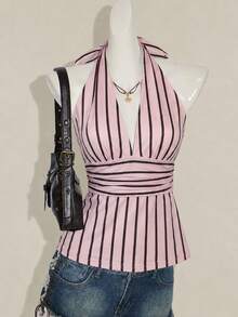 SHEIN ICON 休閒極簡日常百搭派對機場穿搭，大學風返校季棕色與粉色條紋印花圖案，女款夏季掛脖深V領收腰A字露背老錢風背心上衣 - 彩色 - 查看 3