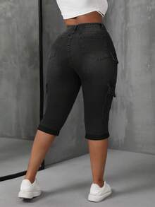 SHEIN SXY Plus Size Women's Fashionable Everyday Commute Versatile Elastic 3/4 Length Cargo Jeans - Dark Grey - View 2