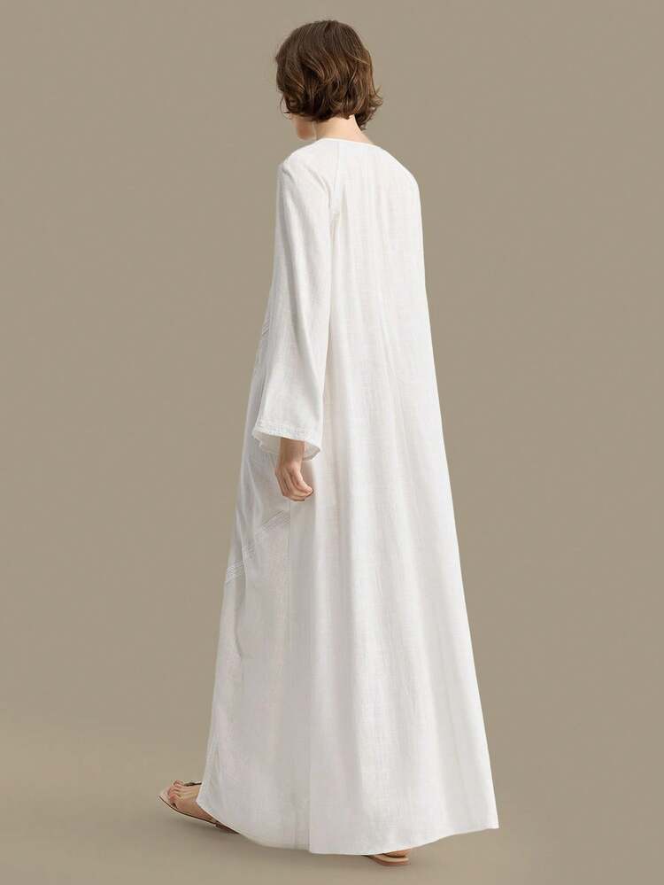 2026 Spring/Summer New Women's Long V-Neck Lantern Sleeve Dress, Casual Minimalist White Dress, Bohemian Summer Dress, Elegant & Comfortable Loose Outfit, Spring/Summer New Apparel, Women's Outgoing Holiday Dress, Office Wear, Festival Attire, Versatile Long Dress