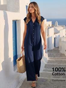 EMERY ROSE Women's Summer Minimalist Button Half-Placket Slant Pocket Jumpsuit - Navy Blue - View 8