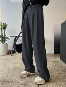 DAZY High Waist Plicated Detail Wide Leg Pants,Women Dress Pants Fall - Grey - View 2