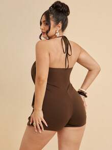 SHEIN BAE CURVE 大码女式纯色褶皱吊带系带休闲日常连体衣 - 棕色 - 查看 4
