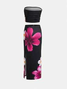 SHEIN Tween Girl Black Pink Tie-Dye Floral Pattern Tube Top & Bodycon Mini Skirt Set,Summer Tropical Vacation Holiday Fitted Casual Comfortable Outfit - Black - View 3