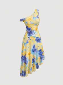 SHEIN MOD Vestido de talla grande para mujer con estampado y hombro asimétrico de largo medio - Amarillo claro - Ver 3