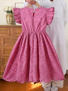 SHEIN 1 pieza Vestido elegante para niña preadolescente con cuello redondo, manga corta, bordado calado y dobladillo amplio, para uso casual, de fiesta o formal, color rojo rosa - Rosa Fucsia - Ver 2