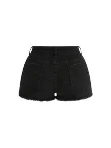 ROMWE Goth Plus Size Ripped Design Skull Print Stretchy Sexy 70's Mini Denim Shorts Black Versatile Date Night Rodeo Summer - Black - View 3