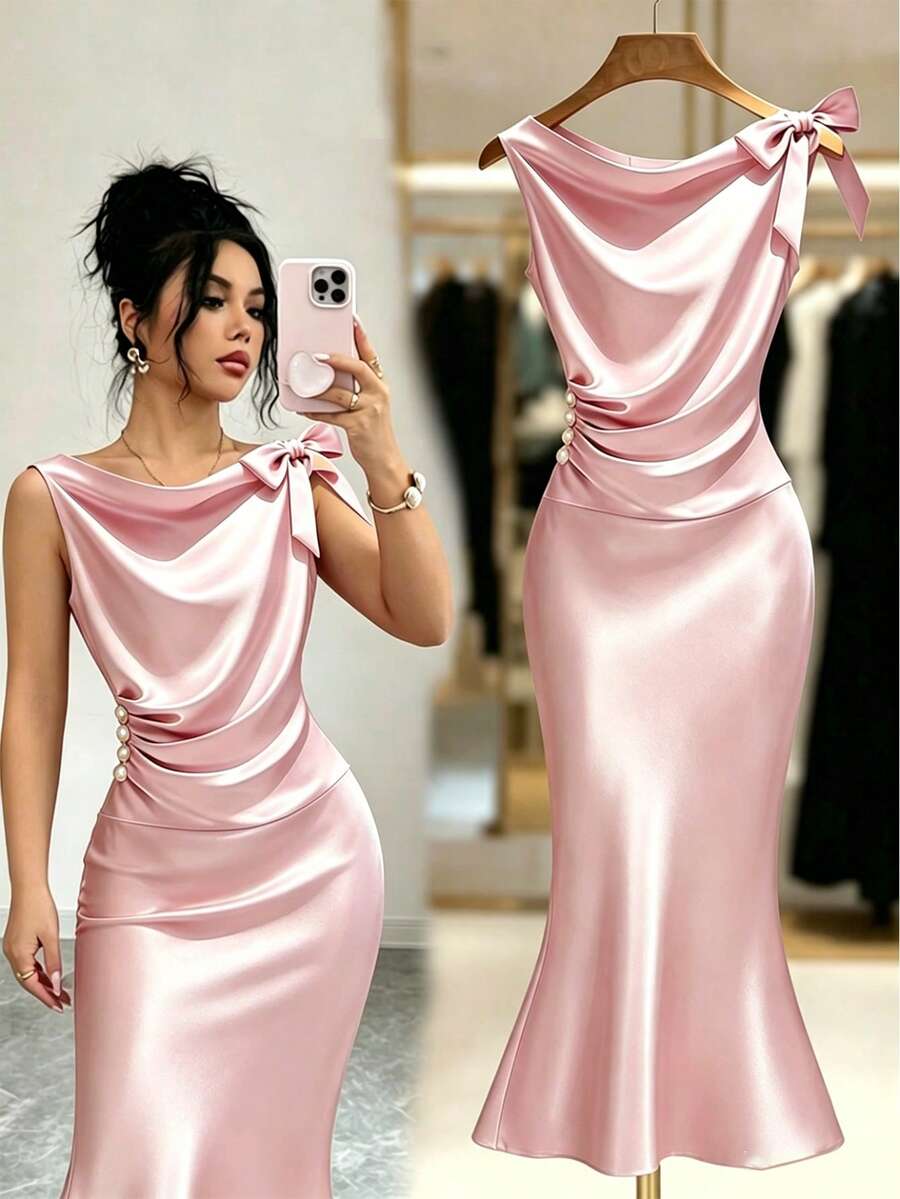 Qadelle Đầm satin dệt kim thanh lịch dành cho nữ, cổ chữ V xẻ sâu, không tay, điểm nhấn là nơ thắt vai, eo xếp ly, đính ngọc trai ánh kim, dáng đuôi cá, sang trọng và duyên dáng. - Hồng - Xem 1