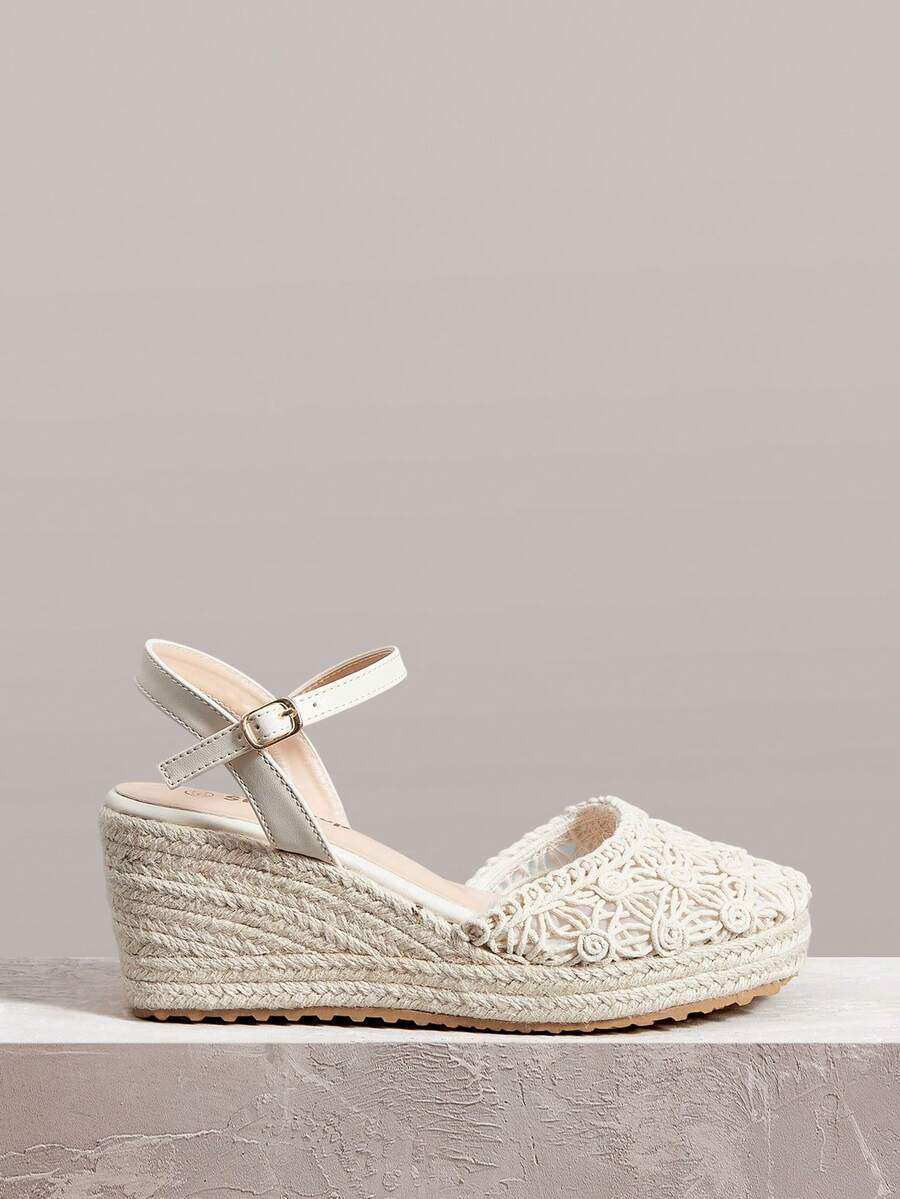 Styleloop Giày nữ, màu be, giày đế xuồng bằng dây gai dầu, sandal đế xuồng cao gót, giày bohemian giúp tôn chiều cao cho kỳ nghỉ. - Màu be - Xem 1