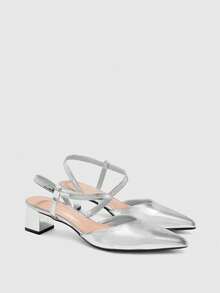 CUCCOO BIZCHIC Silver Mirror Square Toe Back Space T-Word With Thick Heel Low Heel Sandals, Commuter Workplace Model - Silver - View 6