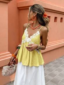 Selianne Women's Casual Vacation Beach Lace Trim Solid Color Camisole Top, Spring/Summer - Yellow - View 3