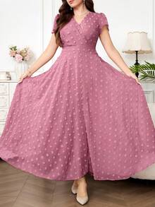 Reflora Gaun Wanita Ukuran Besar Elegan dengan Motif Bunga, Gaun untuk Tamu Pernikahan Musim Panas - Dusty Pink - View 9