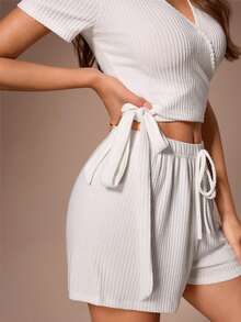 Lazeform Women's Textured Wrap Style Super Soft Sleepwear Loungewear Set - White - View 2