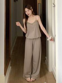 DAZY Women's Summer Simple Solid Color Contrast Lace Camisole And Pants Pajama Set - Khaki - View 4