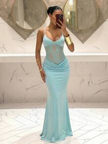 Slaydiva New Summer Elegant Party & Vacation Mesh Patchwork Asymmetrical Deep V-Neck Long Dress, Green-Blue,Dresses For Women Summer - Blue - View 5