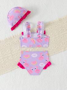 SHEIN GraphicGems 3件套女婴泳衣套装，卡通蝴蝶印花，带蝴蝶结，适合海滩、泳池、游泳、度假，包含可爱帽子 - 彩色 - 查看 2