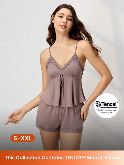 LUVLETTE Summer Comfy TENCEL™ Modal Taupe Lace Pajama Set Camisole Top & Shorts Soft Breathable Summer Lounge Wear