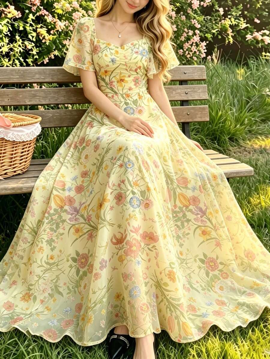Modelyn 牽牛花百合花卉印花法式洋裝,時尚方領飄逸袖設計,收腰長版最大洋裝,淡黃色輕盈雪紡花卉洋裝,適合夏季度假與日常穿著 - 彩色 - 查看 1