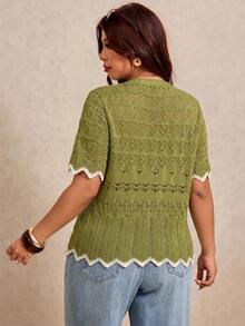 Elaquor Plus Size Vacation Casual Colorblock Trim Hollow Out Knit Cardigan Fall - Green - View 2