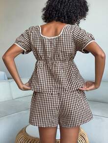 Livesso Women's Vintage Plaid Puff Sleeve Top And Shorts Pajama Set, Summer - Coffee Brown - View 2