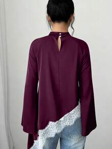 Elenzga 女款優雅浪漫高領喇叭袖對比蕾絲不對稱下擺襯衫，秋季晚餐辦公室外出約會之夜早午餐，粉色與白色 - 酒紅色 - 查看 2