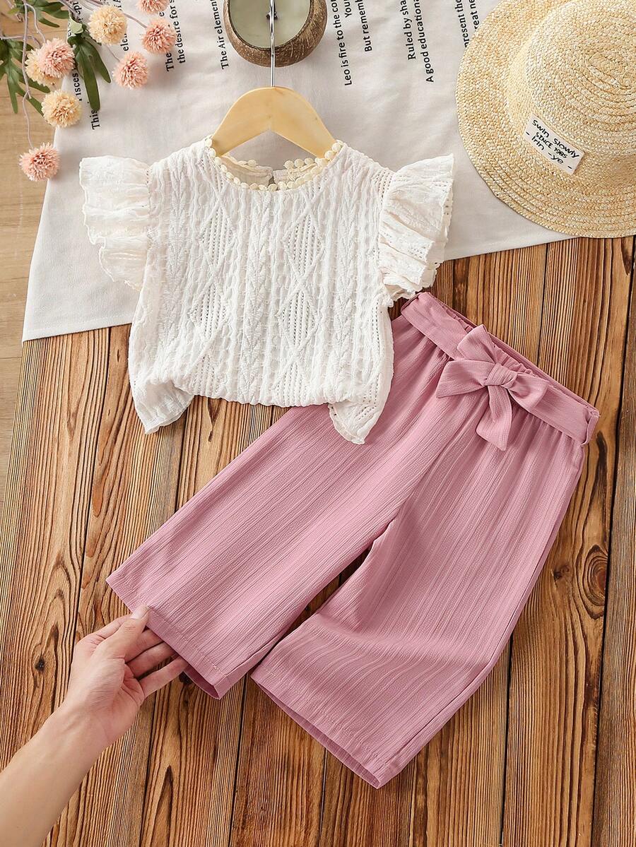 SHEIN Playful Pals Bộ đồ hè mới cho bé gái gồm áo tay ngắn ren và quần ống rộng màu hồng, ngọt ngào và tươi mát. - Nhiều màu - Xem 1