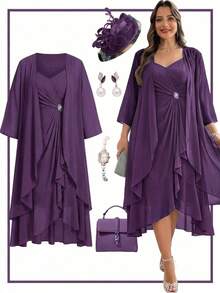 Reflora Plus Size Elegant Party Formal Wedding Guest Solid Color Jacket With Ruffle Trim Spaghetti Strap Wrap Dress 2-Piece Set Dark Purple Autumn Fall - Purple - View 10