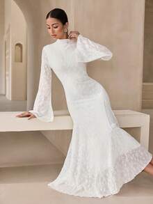 Graceveil Weißes Jacquard-Kleid mit hohem Kragen, taillierter Taille und ausgestelltem Rock, elegantes französisches Abendkleid für Hochzeiten - Weiss - Übersicht 6