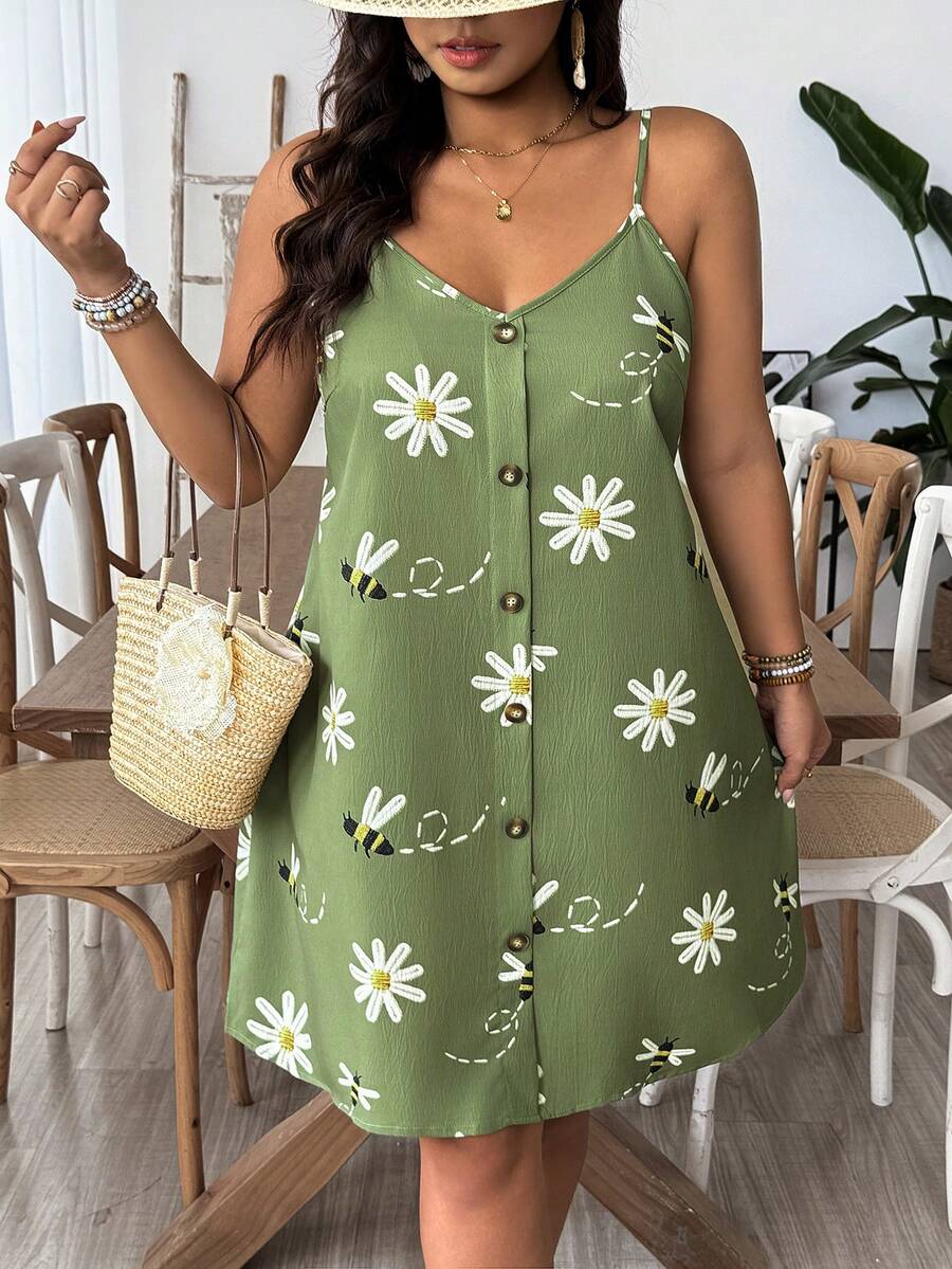SHEIN VCAY Plus Size Women Daisy Print Sleeveless Button Down Dress - Multicolor - View 1