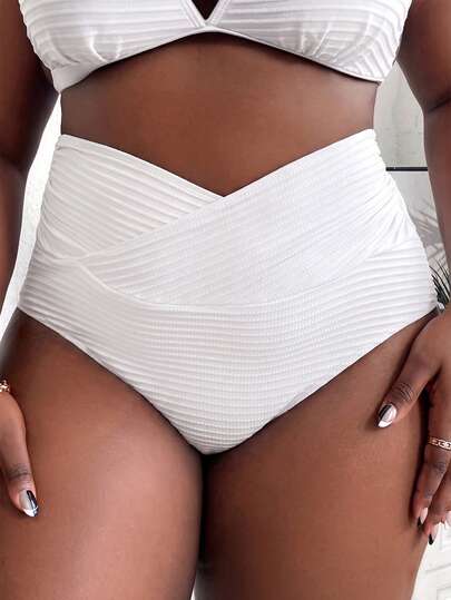 SHEIN CURVE+ Quần bơi nữ cỡ lớn kiểu đan chéo, có họa tiết, đa năng, thích hợp cho bãi biển.
