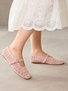 MOTF PREMIUM WOMEN'S NEW FRENCH SUEDE HOLLOW BUCKLE WITH ROUND TOE FLATS, PINK VERSATILE GENTLE ELEGANCE LIGHTWEIGHT COMFORT FAIRY STYLE VACATION MARY JANE SHOES - Dusty Pink - View 3