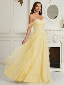 SHEIN Belle Đầm phù dâu trễ vai, xếp ly ngực, nhiều lớp, vạt váy xếp nếp bất đối xứng (dành cho người lớn) - Màu vàng - Xem 6