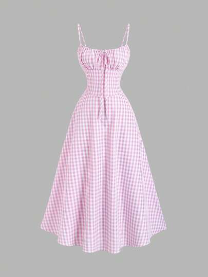 Sweetra Đầm hai dây thắt nơ, đầm thanh lịch kiểu retro thắt eo dành cho kỳ nghỉ.