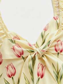 Vestido largo con estampado de lunares, cuello en V, mangas con volantes, cintura plisada, espalda descubierta y lazo, estilo casual de vacaciones, primavera/verano - amarillo ganso - Ver 3