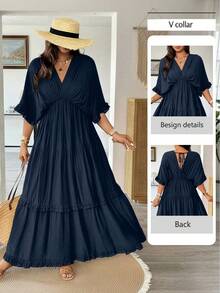 Vionelle Plus Size Solid Color Romantic Ruffle Trim Regular Dress, Spring/Summer Vacation Navy Blue - Navy Blue - View 1