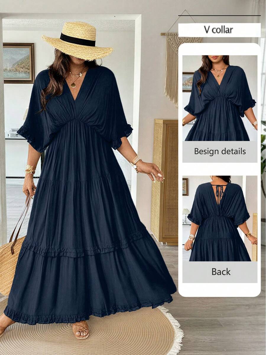 Vionelle Plus Size Solid Color Romantic Ruffle Trim Regular Dress, Spring/Summer Vacation Navy Blue - Navy Blue - View 1