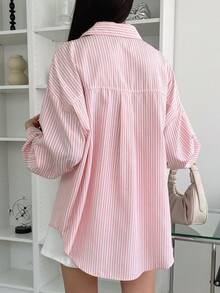 DAZY Striped Drop Shoulder Shirt,Fall Clothes Long Sleeve Top - Baby Pink - View 2