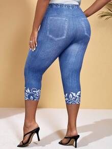 BrightlyHer Plus Denim-Effect & Floral Print Summer Outfits Leggings,Spring - Blue and White - View 3